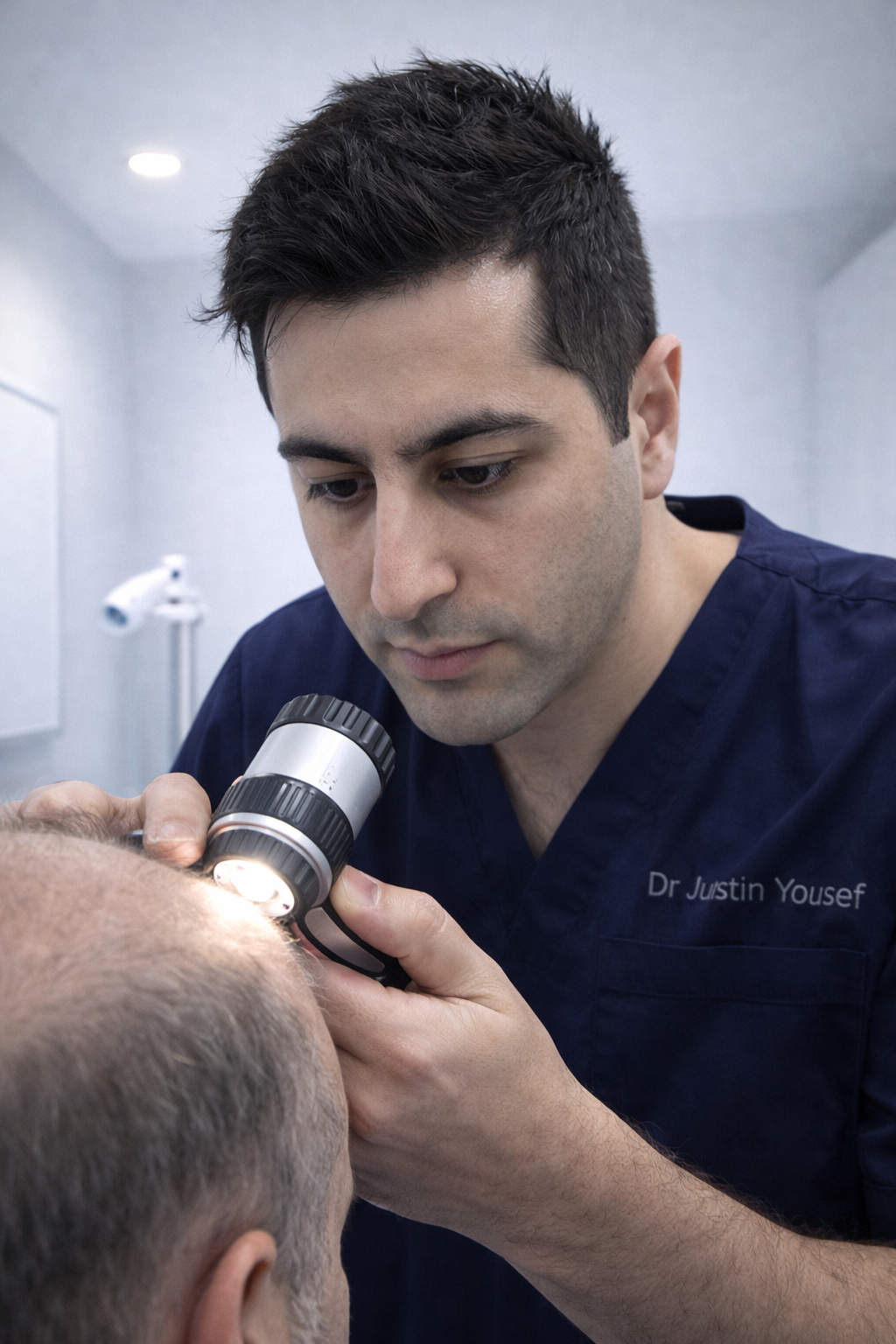 Dr Justin Yousef performing a skin cancer check using dermoscopy in clinic Sydney