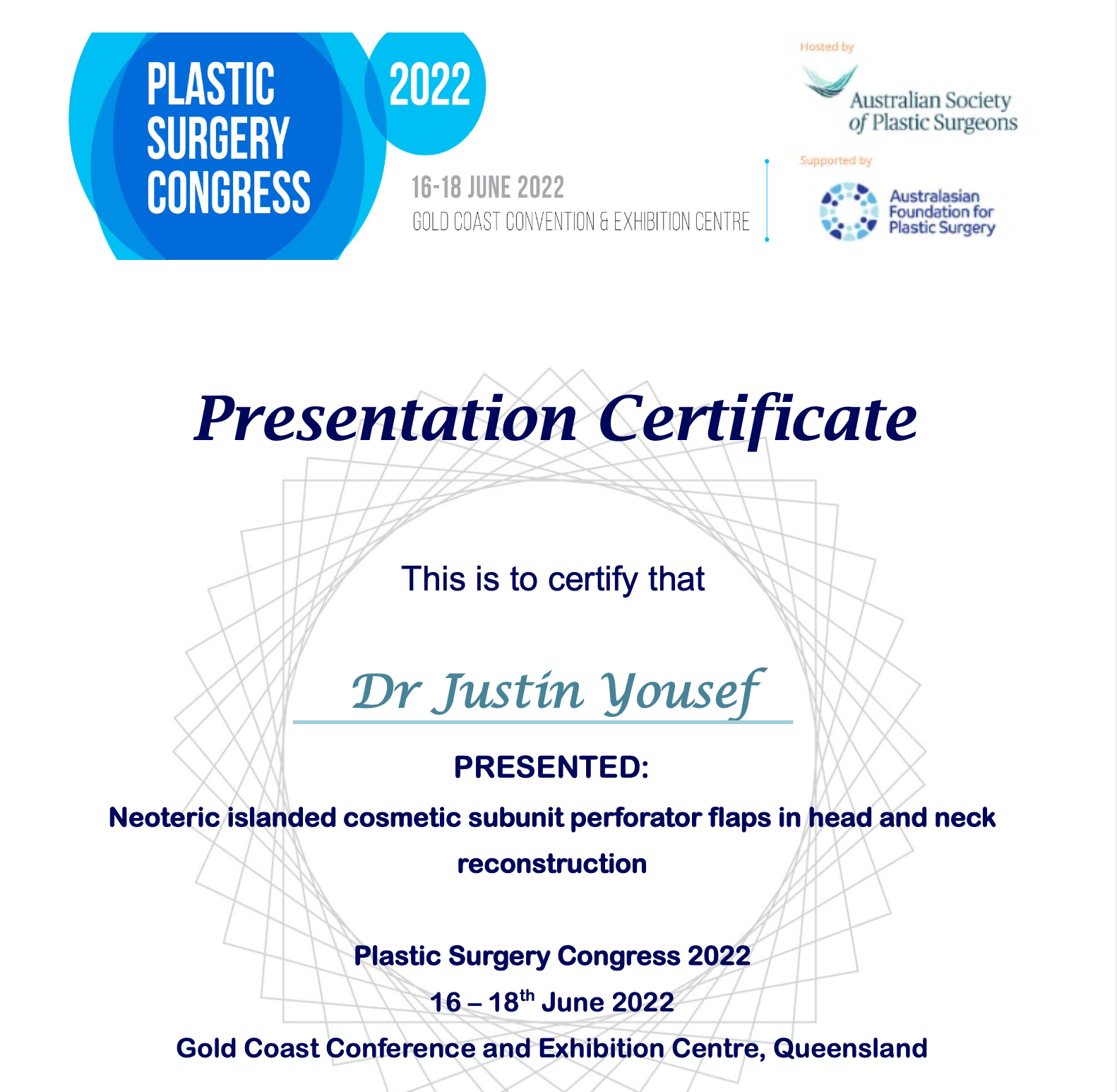 Yousef J, Findlay M. NEOTERIC ISLANDED COSMETIC SUBUNIT PERFORATOR FLAPS IN HEAD AND NECK RECONSTRUCTION. Paper presented at: Plastic Surgery Congress (PSC); 2022 16-18 June, Gold Coast, Australia