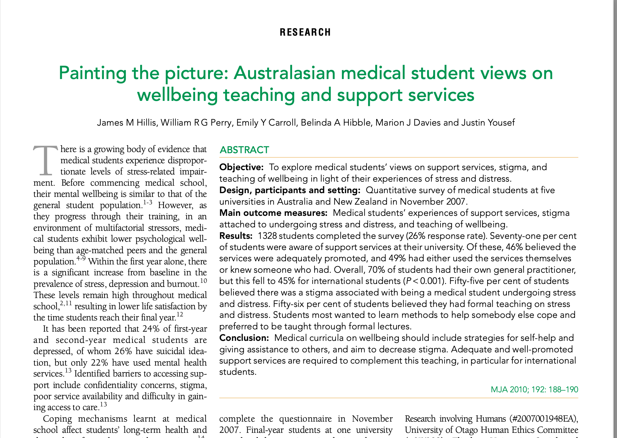 2010- Hillis JM, Perry WRG, Carroll EY, Hibble BA, Davies MJ, Yousef J. Painting the Picture: Australasian Medical Student Views on Wellbeing Teaching and Support Services. Medical Journal of Australia 192 (4): 188-190 February 15, 2010
