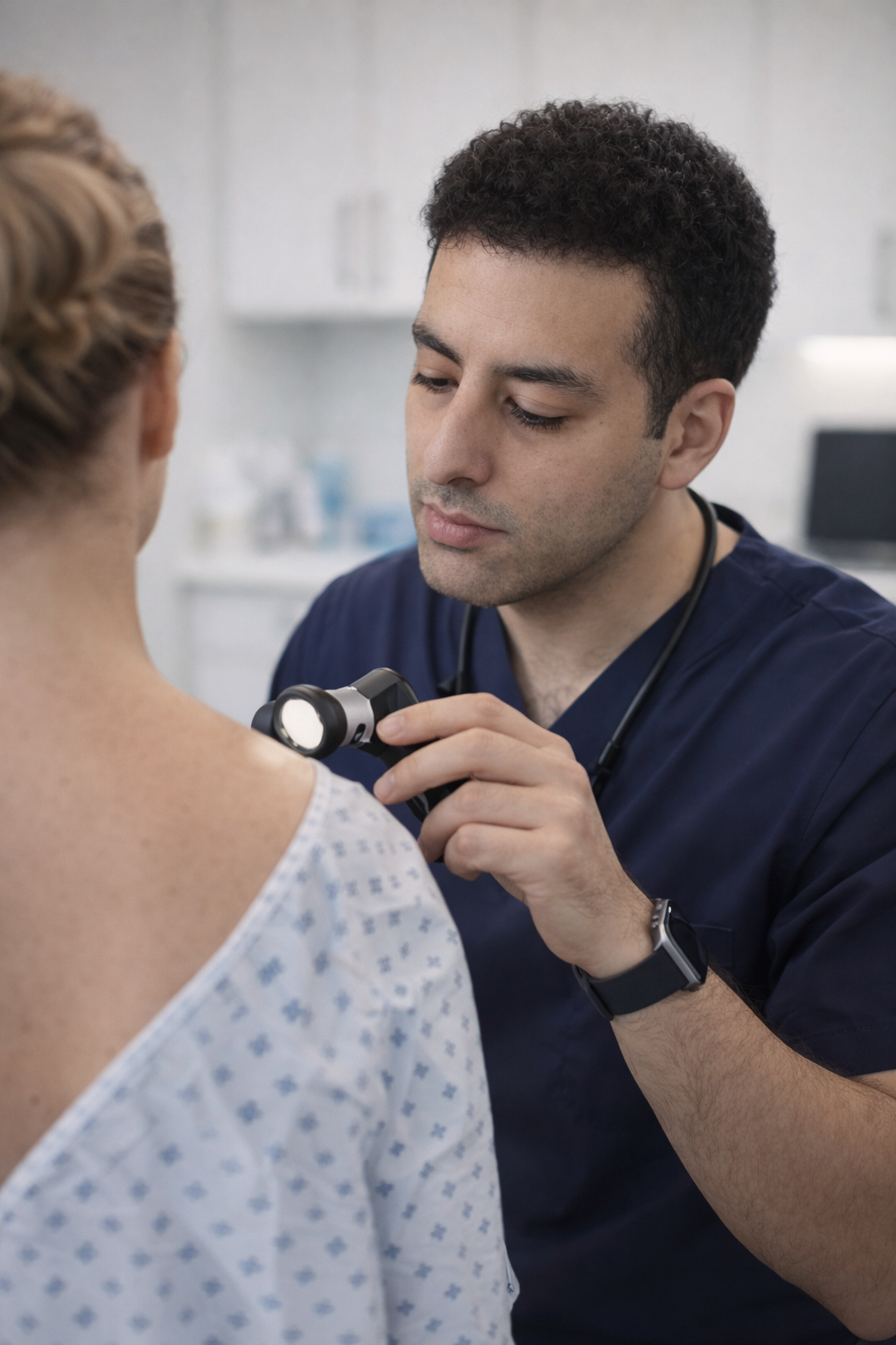 A healthcare professional examining a patient's neck with a medical device in a clinic setting.