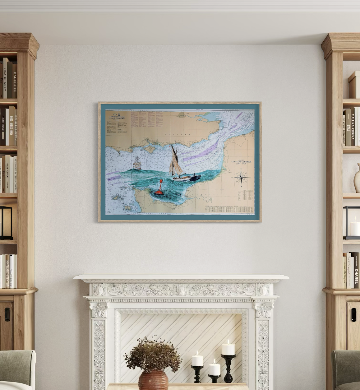 Une peinture représentant une carte maritime avec un voilier, une bouée, et des tracés marins.