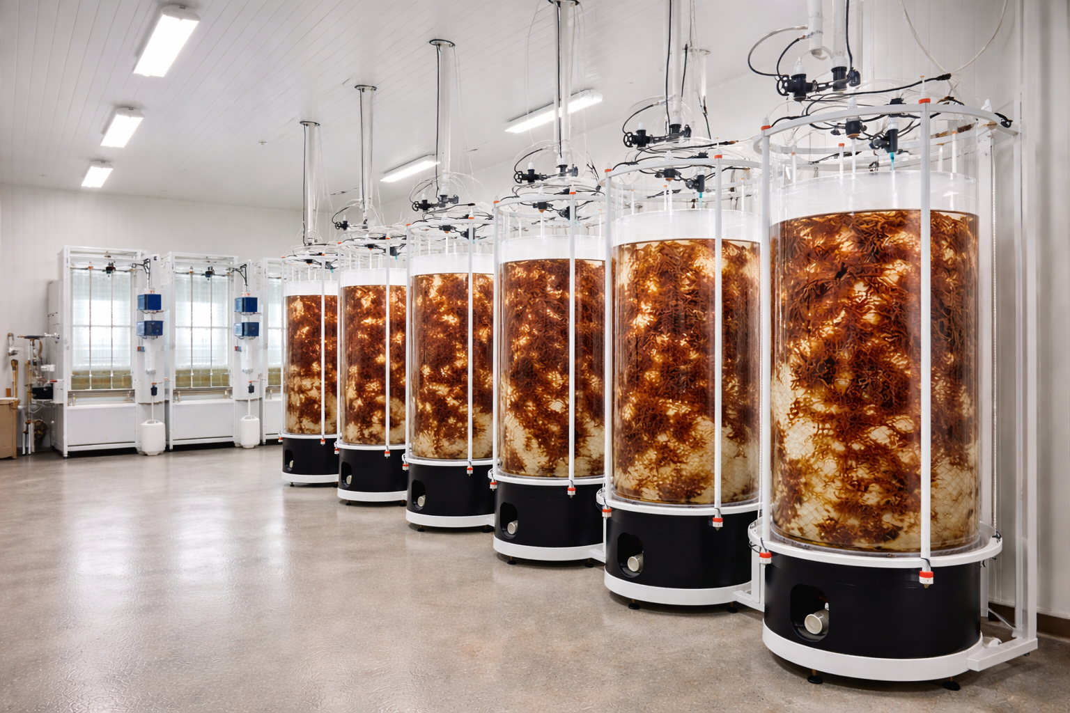 Health and Laboratory Project Management and Construction in Perth WA. Large cylindrical bioreactors filled with brown algae or seaweed tissue inside a clean, industrial laboratory with white walls and ceilings, and bright fluorescent lighting.
