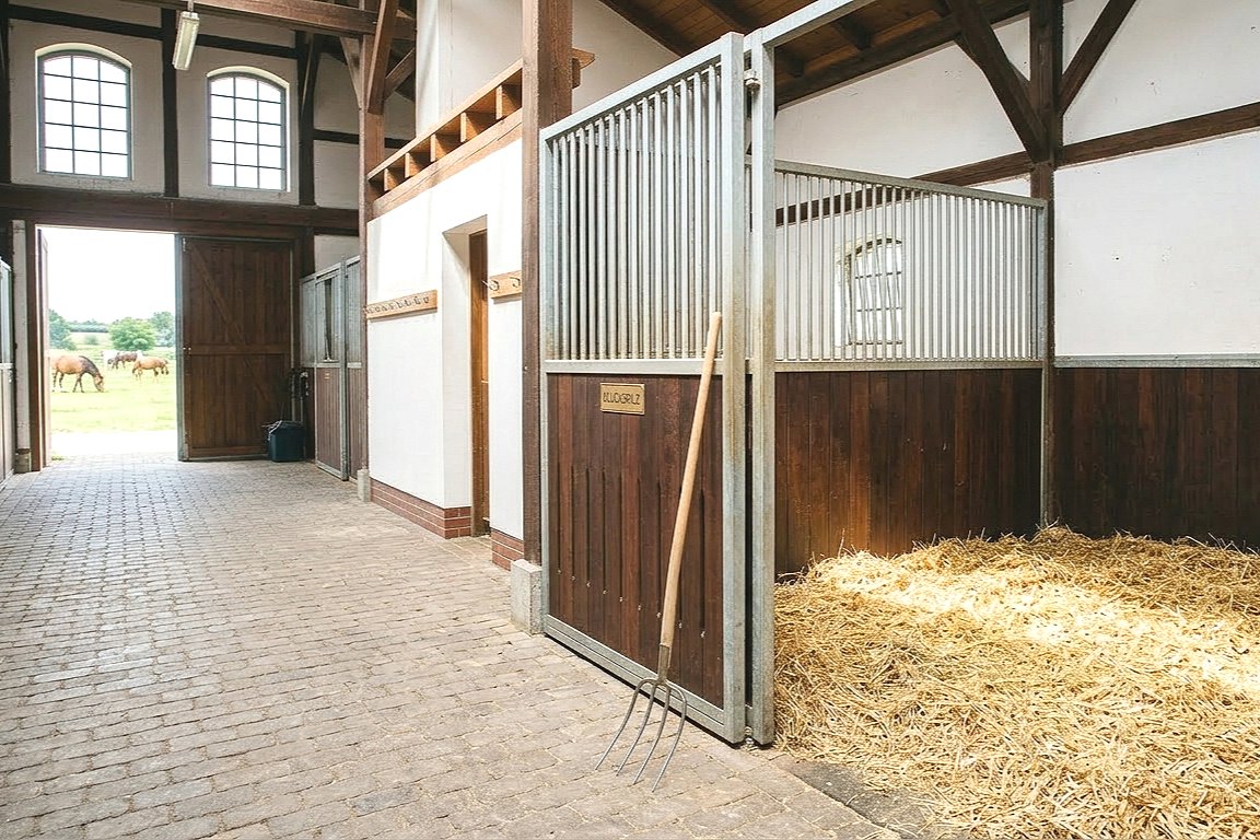 Stallhilfe, Pferdebox, Mistgabel, Forke, Stroh, Stall