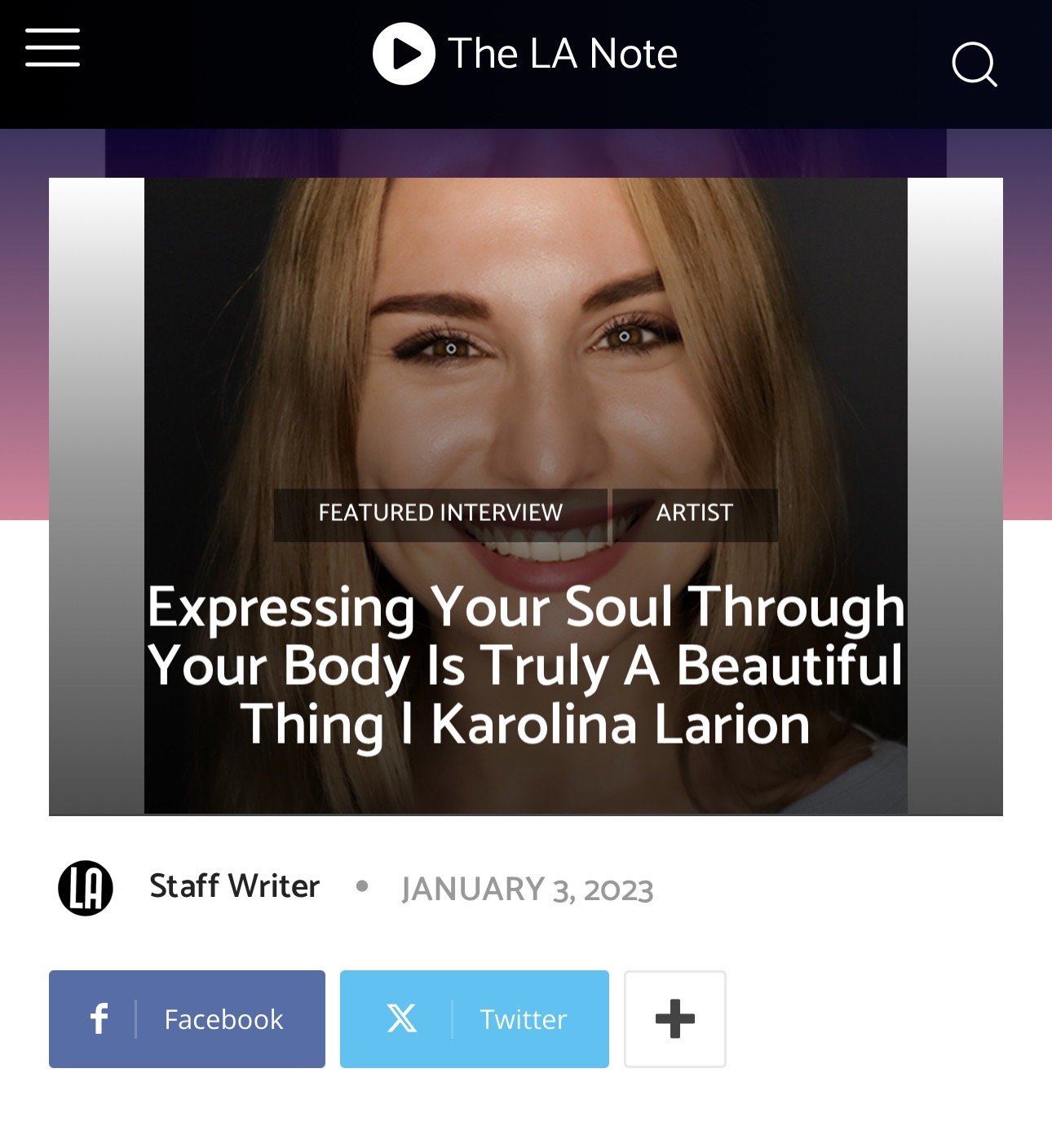 Close-up of a woman smiling, with the headline 'Expressing Your Soul Through Your Body Is Truly A Beautiful Thing I Karolina Larion' and the date January 3, 2023.