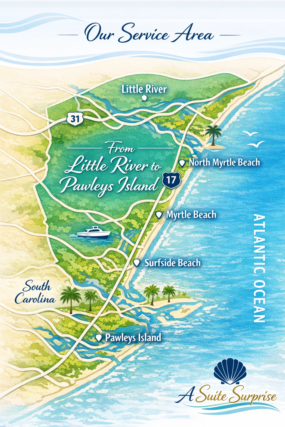 Map of the area from Little River to Pawleys Island along the Atlantic Ocean, showing beaches, islands, and key locations including North Myrtle Beach, Myrtle Beach, Surfside Beach, and Pawleys Island, with highways 17 and 31 marked.