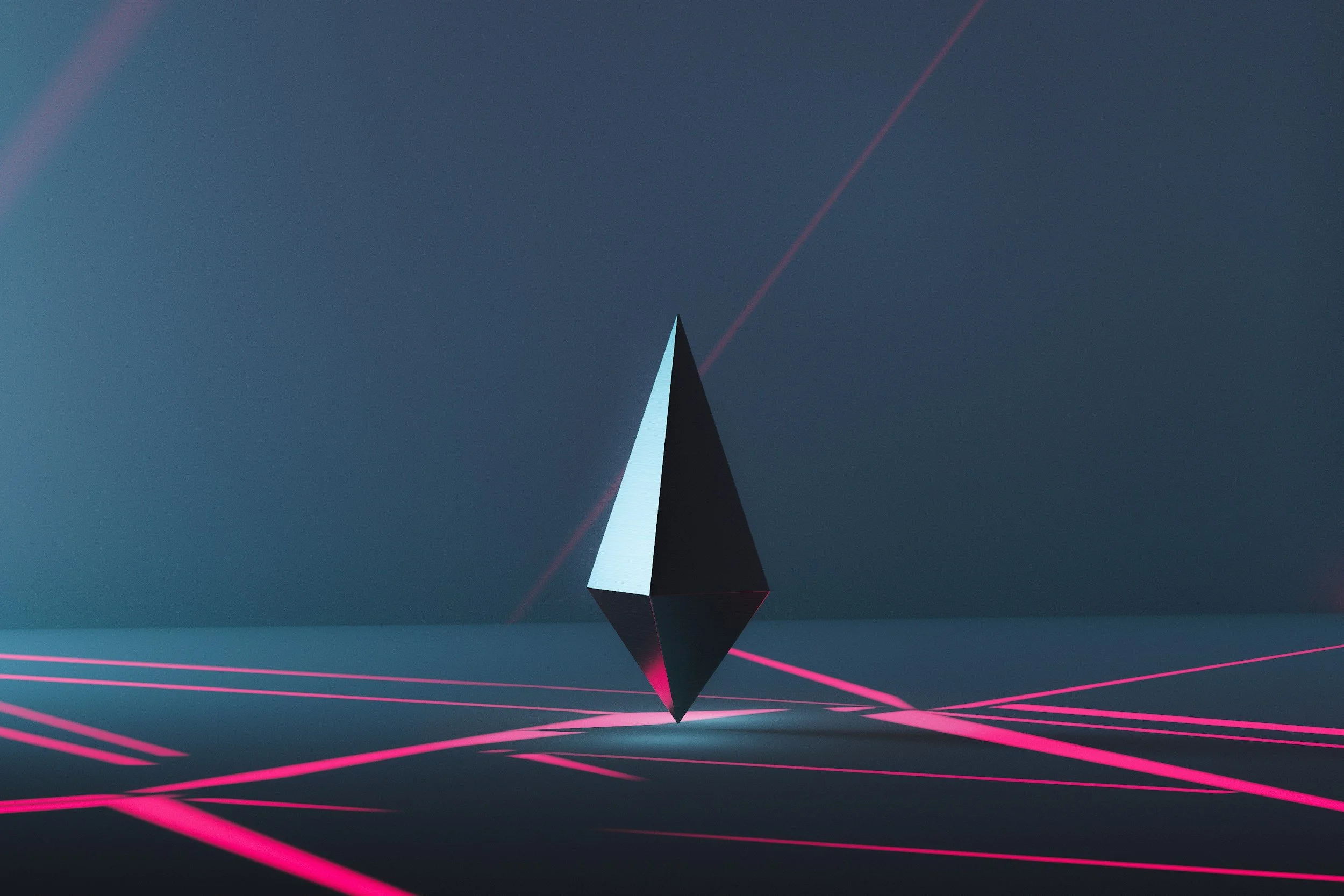 An abstract digital artwork featuring a black geometric shape resembling a diamond or pyramid, floating above a dark surface with pink laser-like lines radiating outward underneath, against a gradient dark background with faint light streaks.
