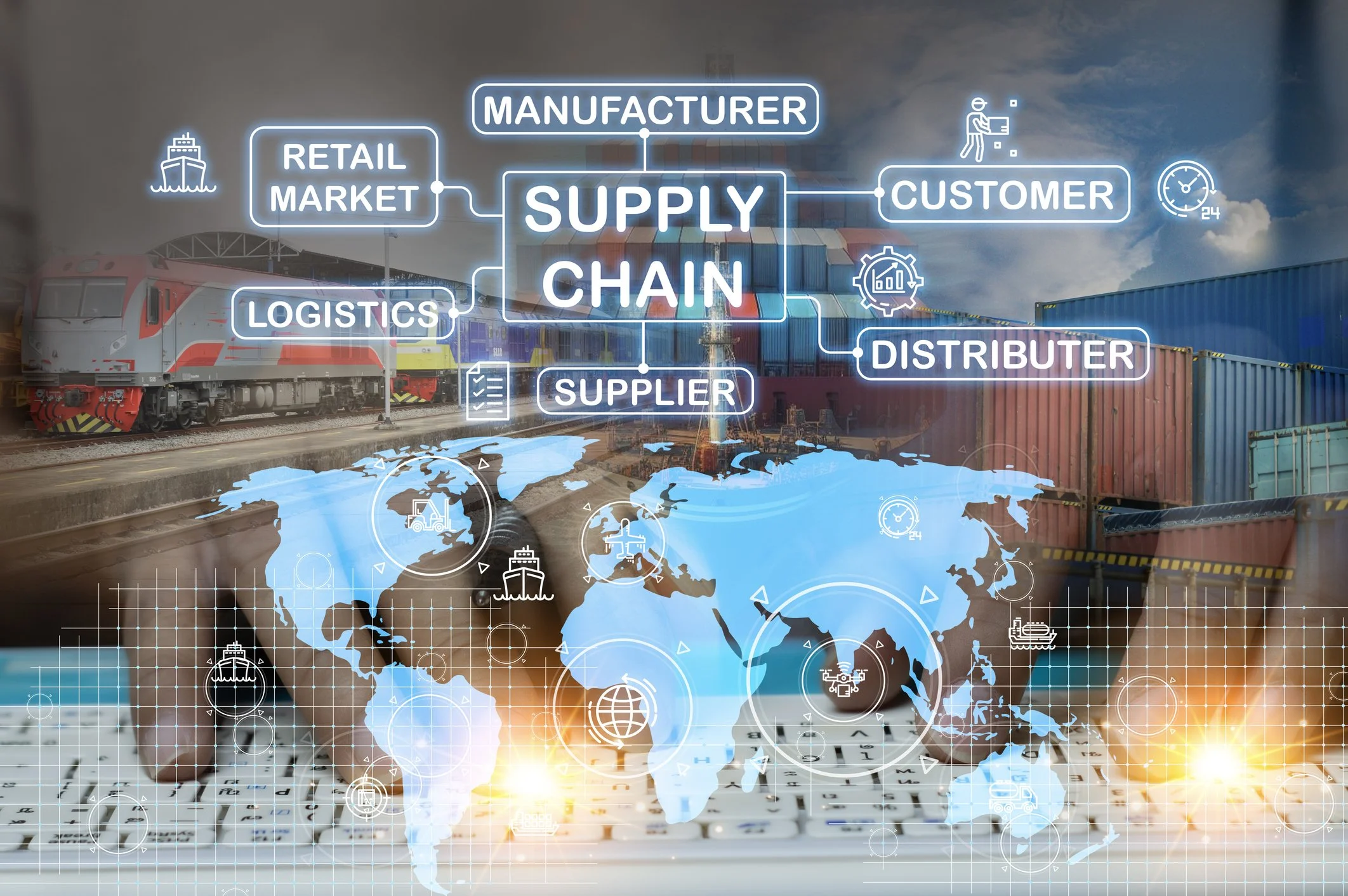 Digital illustration of a supply chain with a world map, a train, shipping containers, and interconnected icons representing logistics, manufacturers, suppliers, retailers, distributors, customers, and transportation.