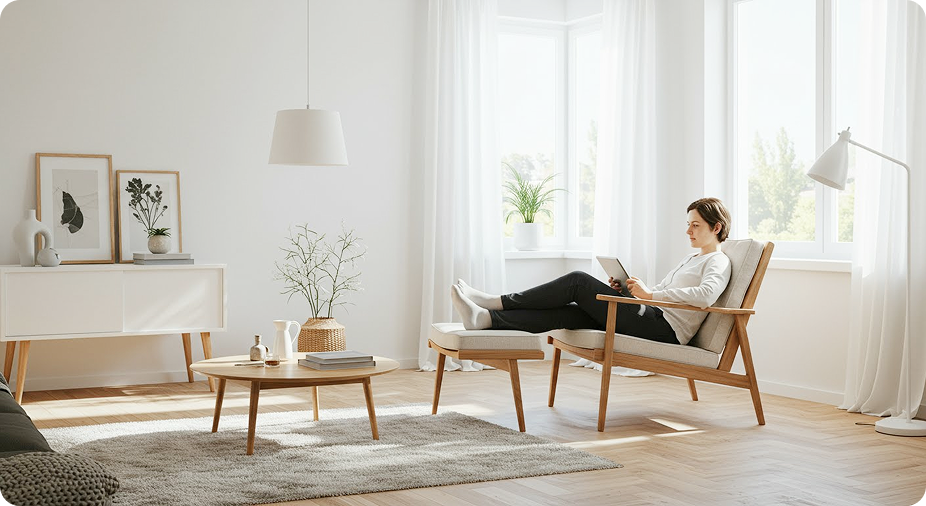 Woman sitting on a modern armchair with a footstool, reading a tablet in a bright, minimalist living room with white walls, large window, and light wooden furniture.