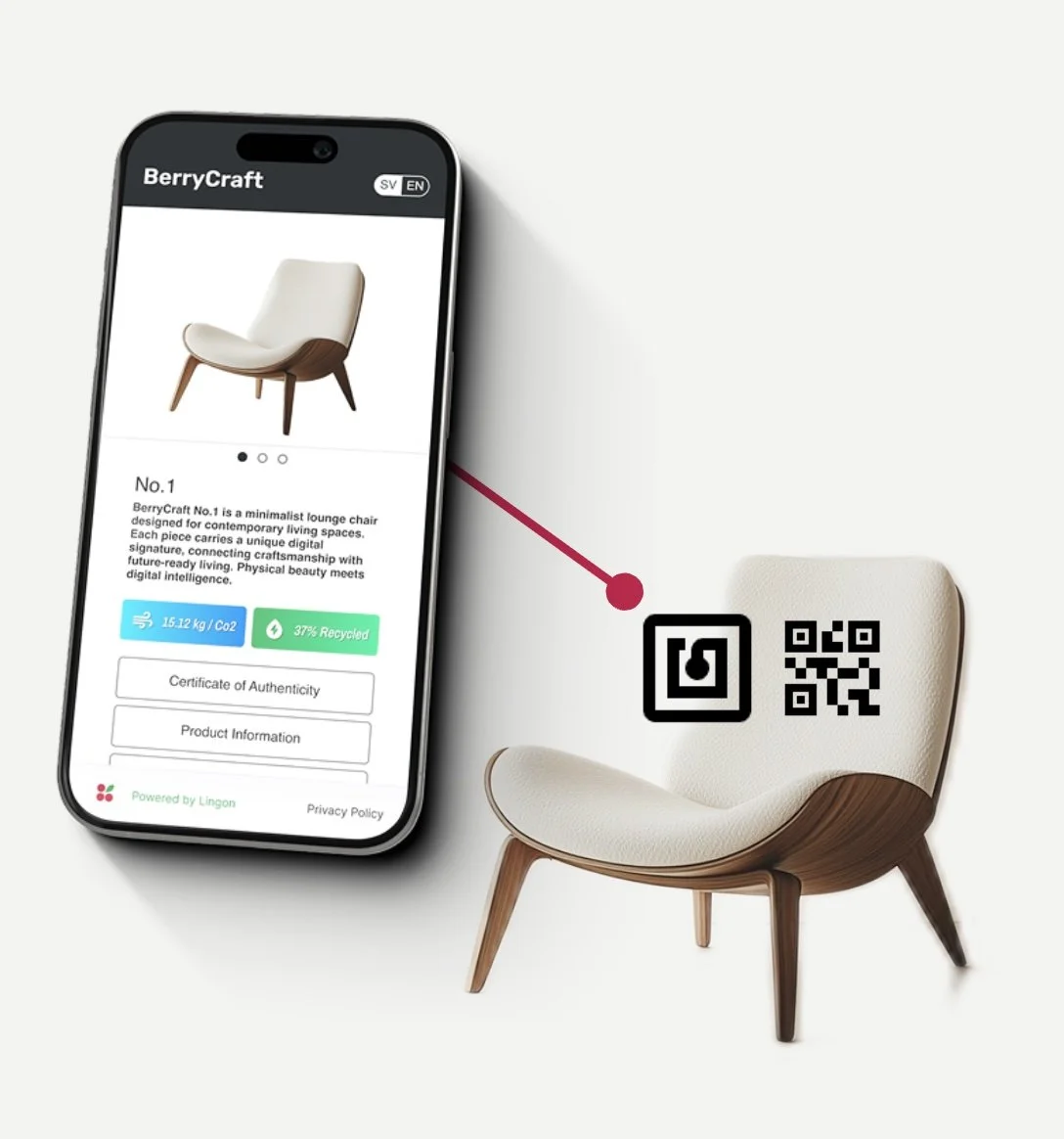 Smartphone displaying product details for a lounge chair, connected via QR code to a physical chair with similar design, branded as BerryCraft.
