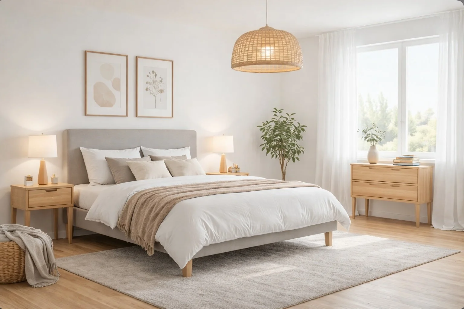 A minimalist bedroom with a large bed, wooden nightstands, lamps, and framed artwork, featuring natural light and decor in neutral tones.
