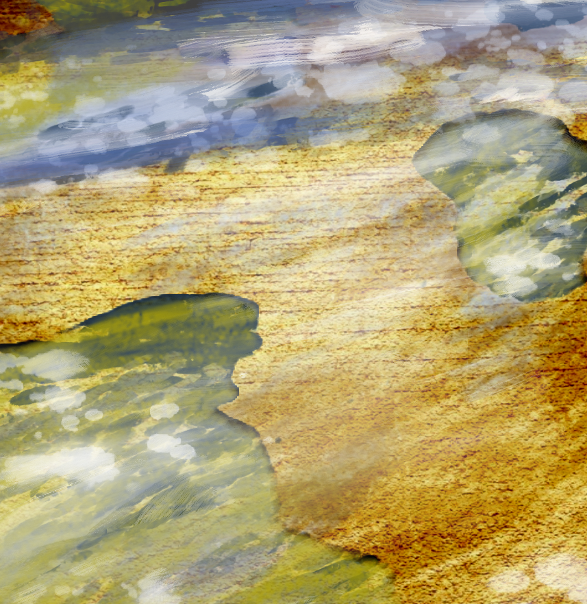Abstract photo resembling a beach scene with water, rocks, and sand, rendered in a painterly style.