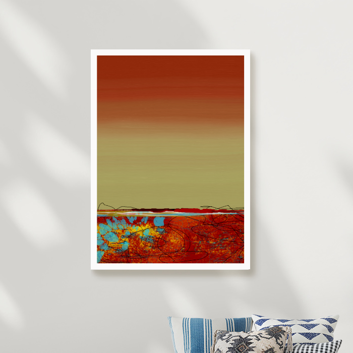 Abstract artwork with a gradient background transitioning from reddish-brown at the top to beige in the middle, with colorful splatters and scribbles at the bottom.