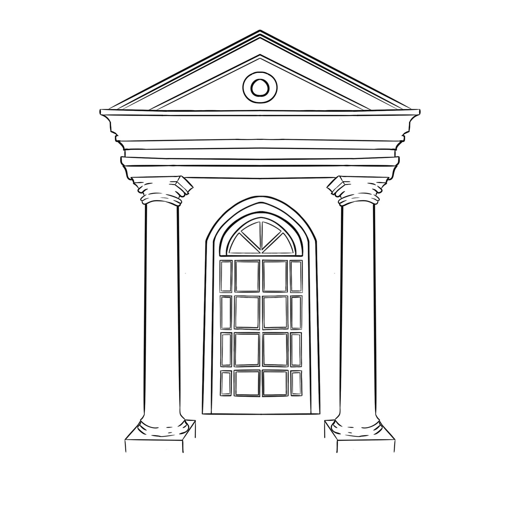 Black and white line drawing of a classical building facade with columns and a triangular pediment above the entrance.