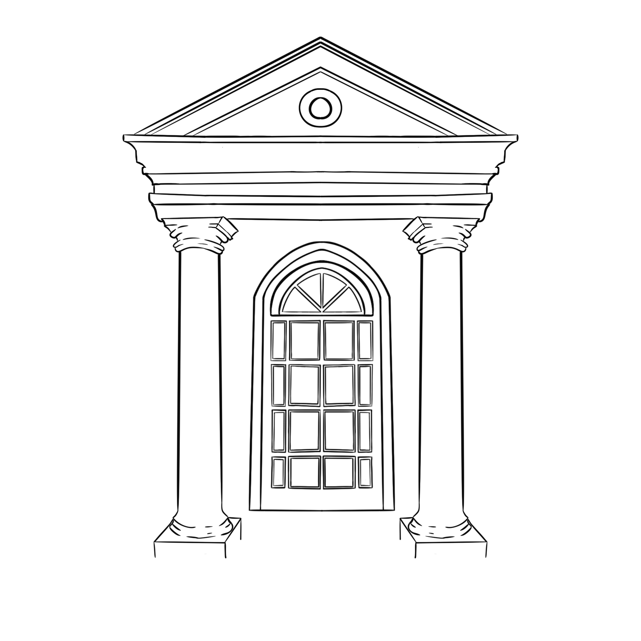Outline drawing of a classical building with columns and a triangular pediment.