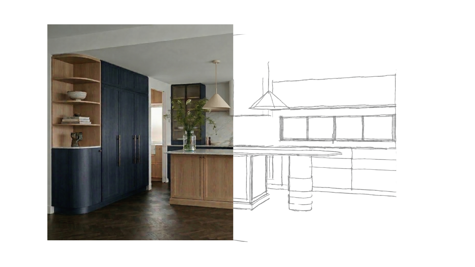 Kitchen with blue and natural wood cabinets, a vase with flowers on the island, and a pendant light hanging from the ceiling.