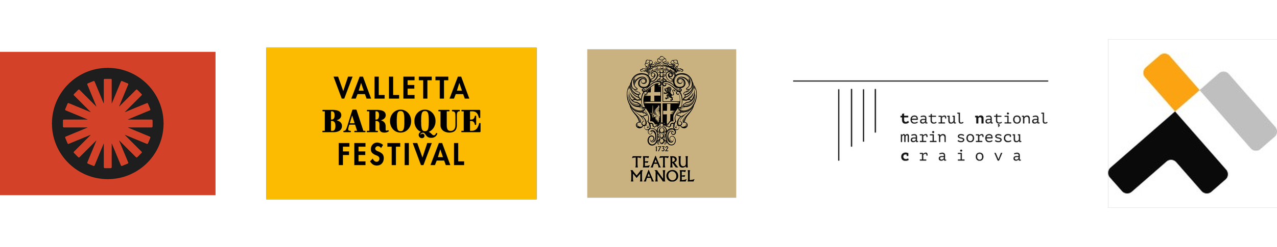 Logos for Valletta Early Opera Festival, Valletta Baroque Festival, Teatru Manoel (the National Theatre of Malta),  "Marin Sorescu" National Theatre of Craiova, and Festivals Malta.
