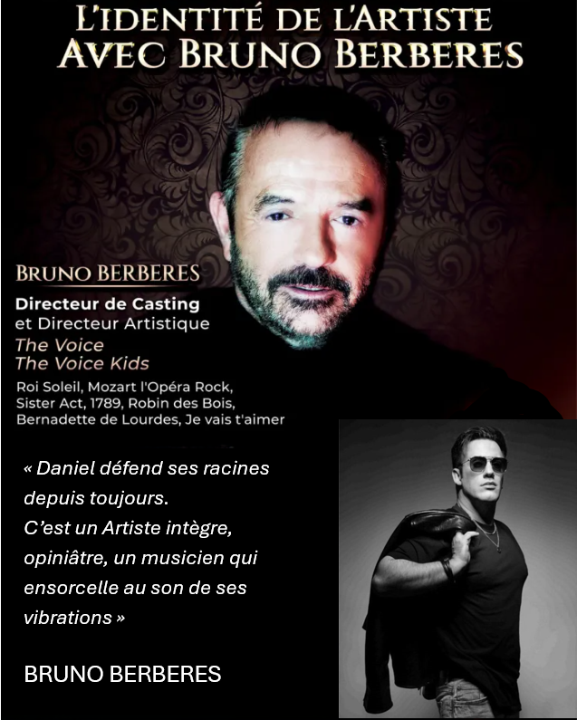 Une affiche promotionnelle avec le portrait de Bruno Berberes, un homme avec une barbe, et une seconde photo en noir et blanc d'un homme portant des lunettes de soleil et un manteau sur l'épaule. Le texte parle de l'identité de l'artiste Bruno Berberes, réalisateur de castings et directeur artistique, avec des références à la musique et au théâtre.