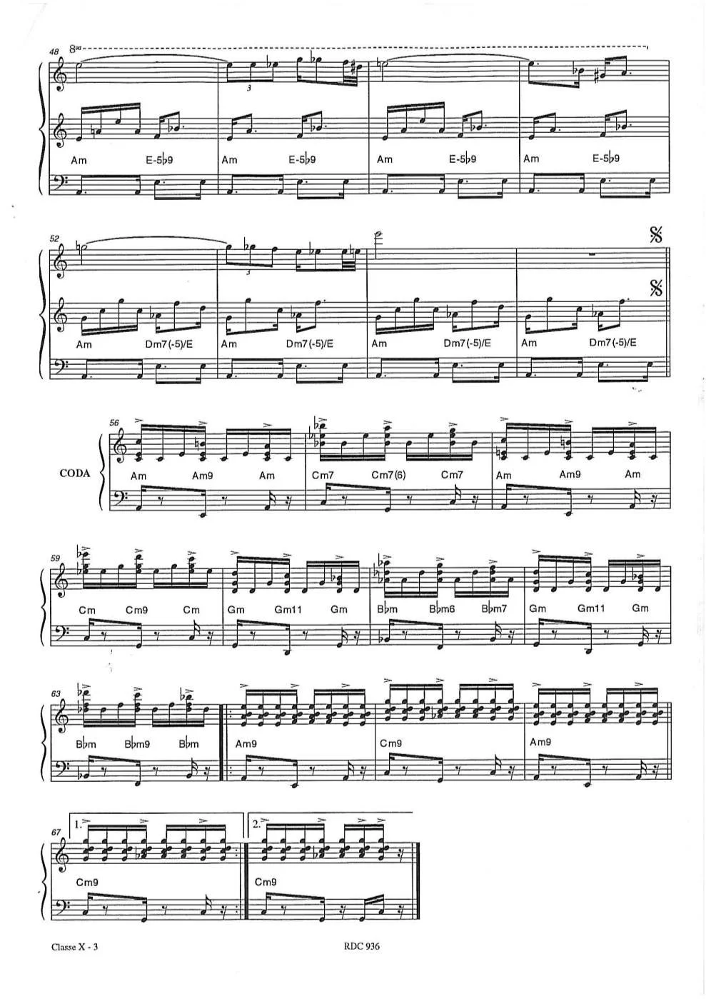 Partition musicale avec notation pour piano et accords, comprenant différentes sections et signes de reprise.