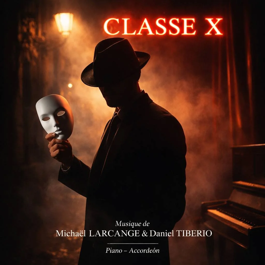 Une silhouette d'homme portant un chapeau noir, tenant un masque blanc près du visage, sous un éclairage tamisé et une enseigne lumineuse rouge "CLASSE X".