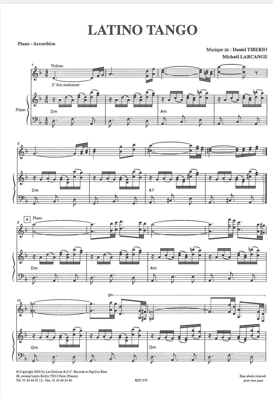 Partition musicale intitulée 'Latino Tango' pour piano et accordéon par Daniel Tiberio et Michaël Larcange.