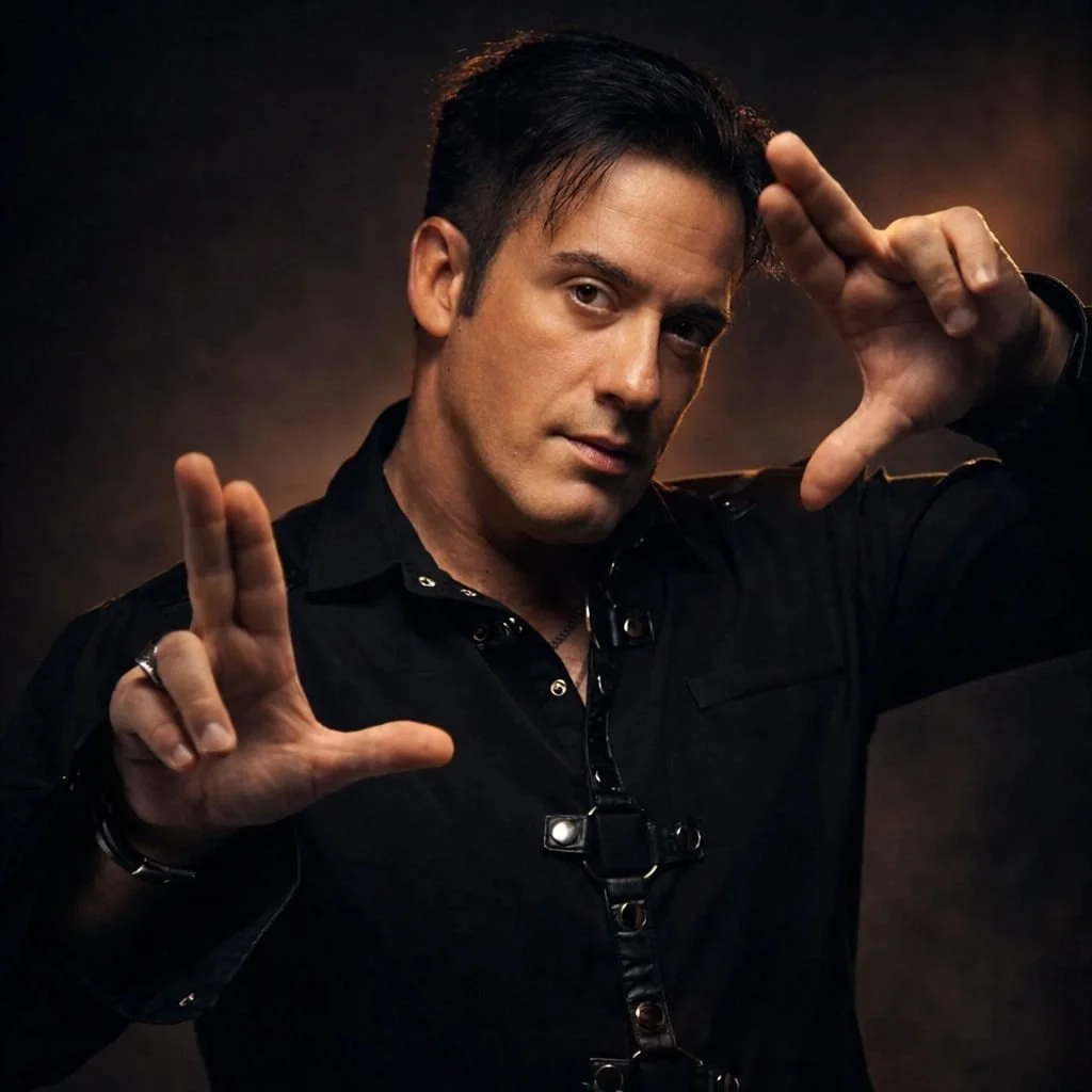 Un homme pose en faisant un geste avec ses mains contre un fond sombre.