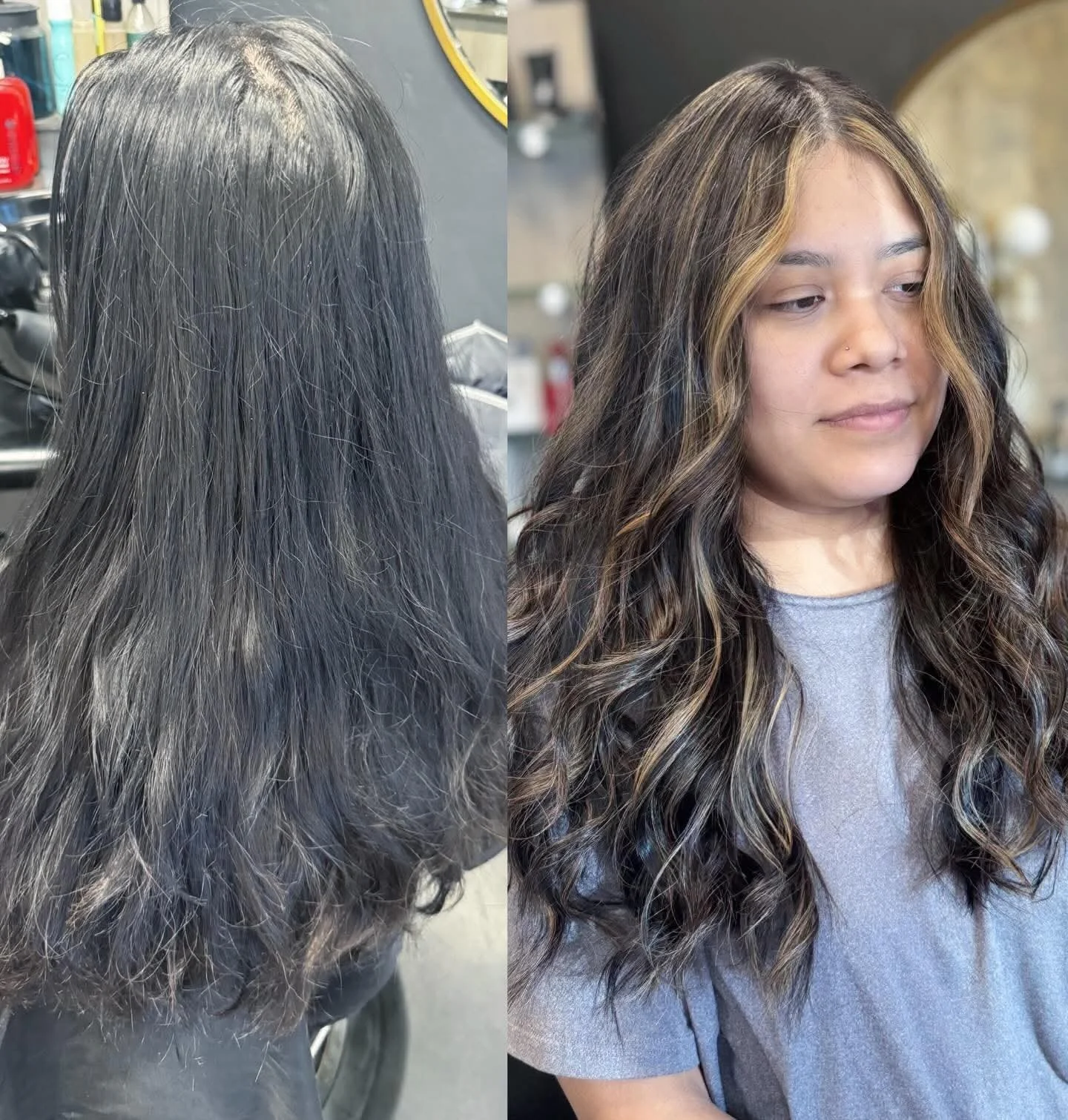 Side-by-side comparison of a woman before and after a hairstyling transformation. The woman's hair was previously long, straight, and dark, and now she has voluminous, wavy hair with lighter highlights.