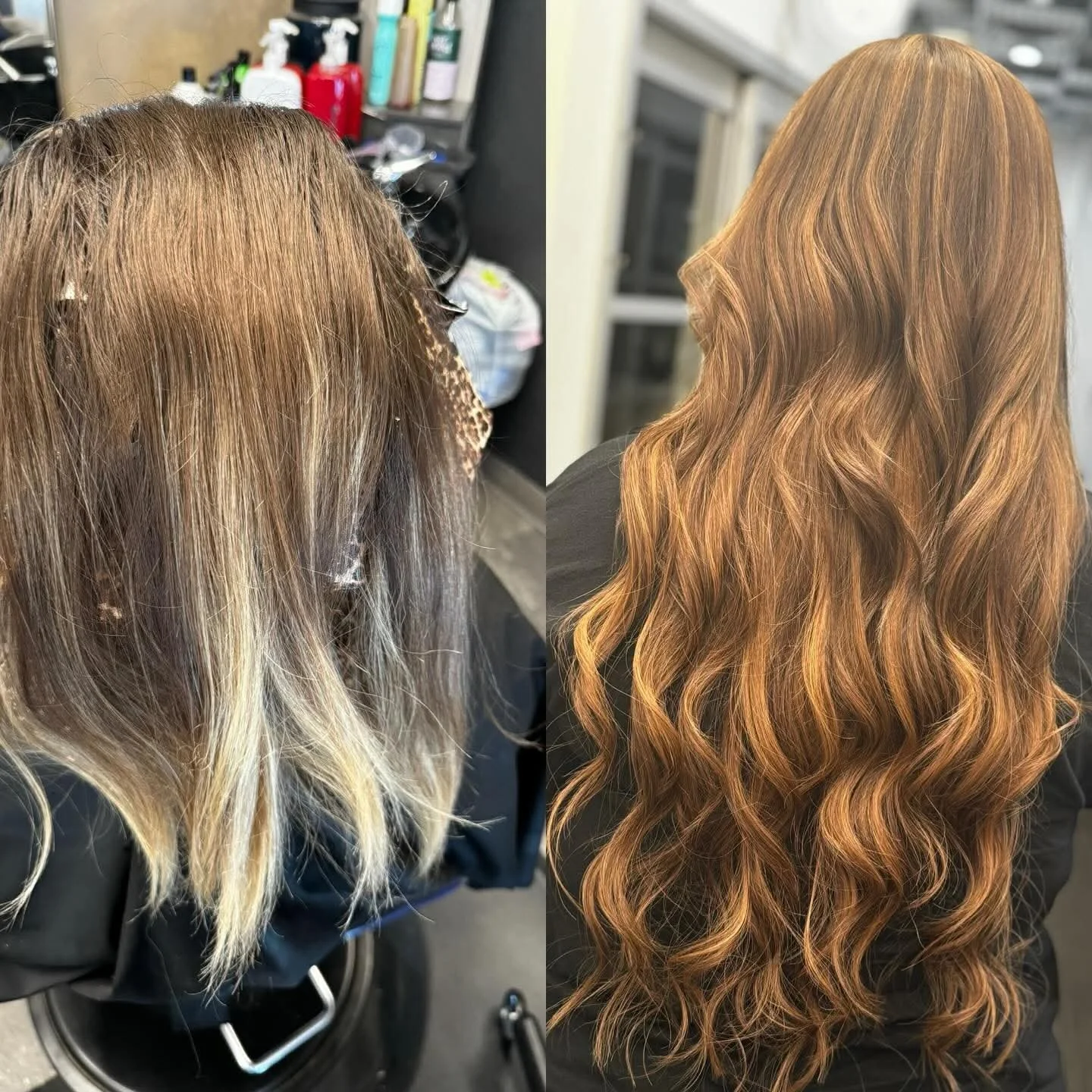 Comparison of a woman's hair before and after a professional coloring and styling. On the left, the hair is shoulder-length with a mix of blonde and light brown shades, appearing dull and unstyled. On the right, the hair is much longer, styled in loose, voluminous waves with a rich, warm copper or auburn hue, looking shiny and freshly styled.