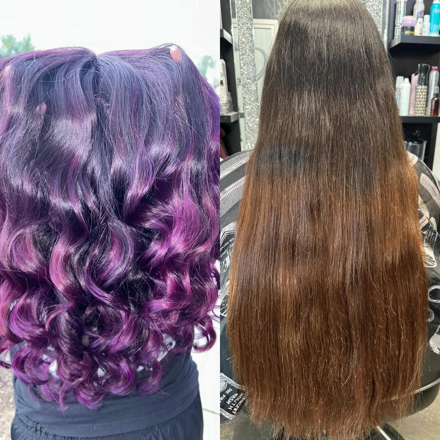 Comparison of a person's hair before and after a hair coloring and styling process. The left side shows curly hair with a vibrant purple and black color, while the right side shows straight, brown hair.