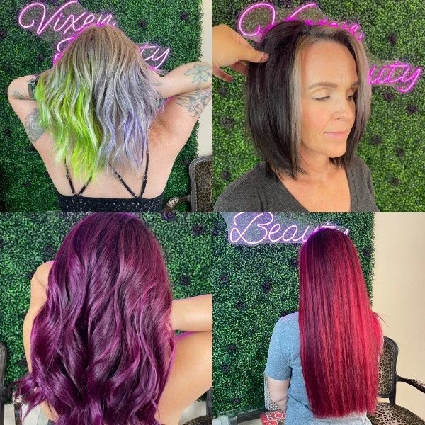 A woman with a short black bob hairstyle in the top right, another woman with long straight vibrant pink hair in the bottom right, a woman with multicolored wavy hair in green, purple, and silver in the top left, and a woman with wavy purple hair in the bottom left, all standing against a green hedge wall with pink neon signs.