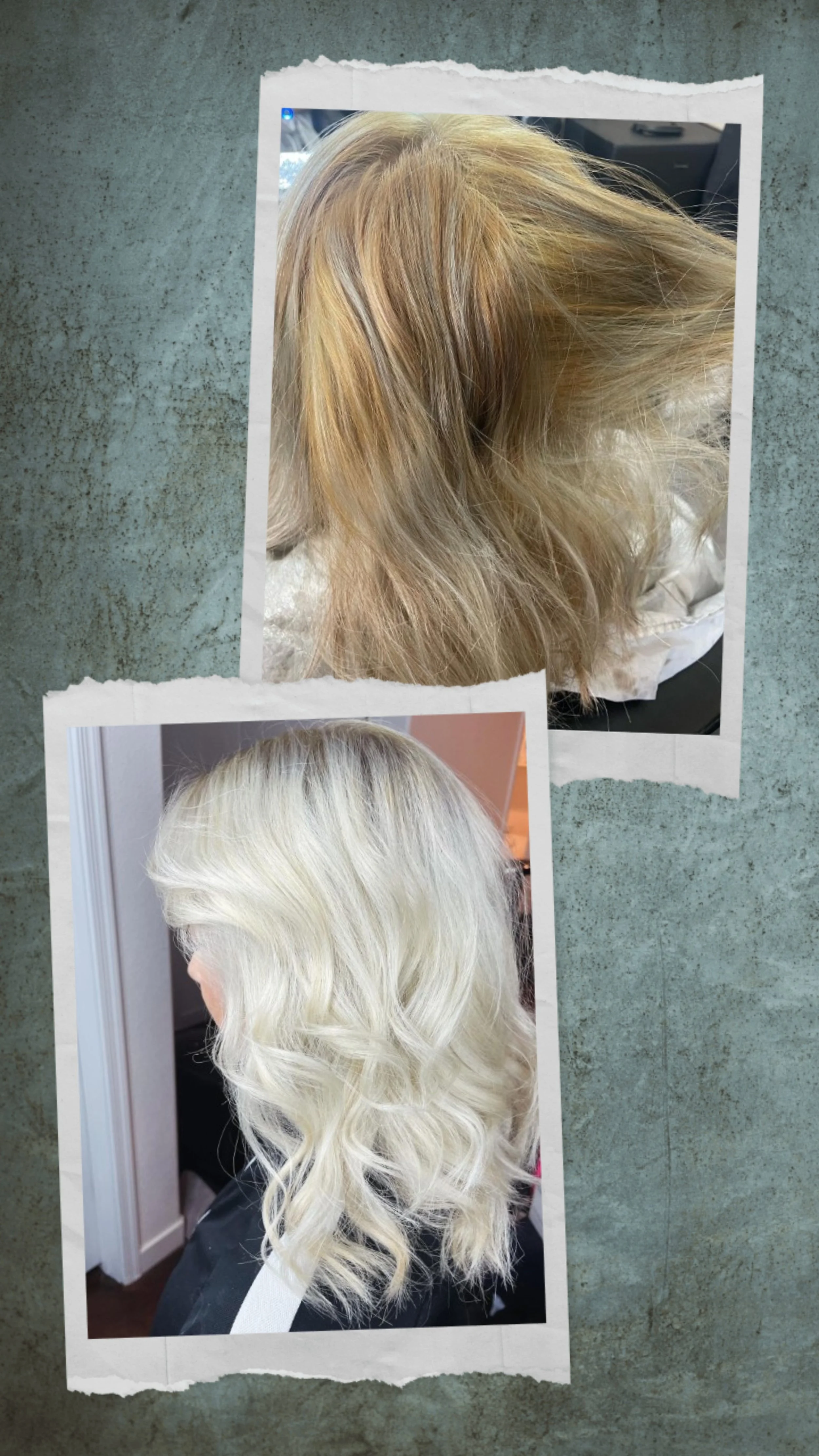 Before and after photos of a woman's blonde hair, showing a transformation from light brown with darker roots and wavy texture to bright platinum blonde with soft curls.