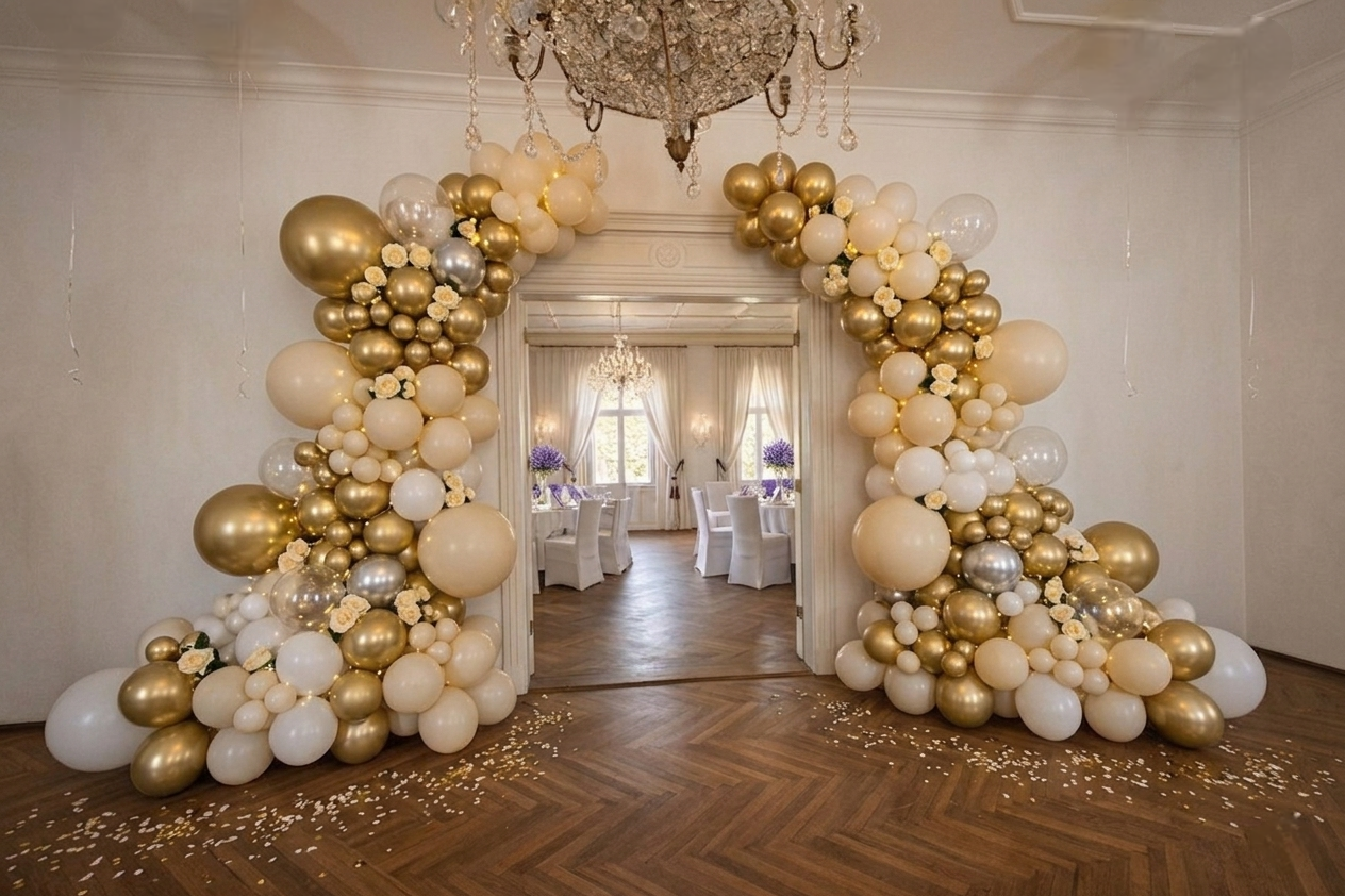 Harmonische Inszenierung: Ein gold-weißer Ballonbogen für einen exklusiven Eingangsbereich.
