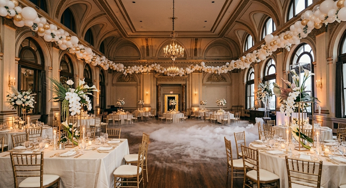 Exklusive Event Inszenierung mit floralem Design und Ballonkunst in Gold und Weiß, stimmungsvoll in Szene gesetzt für ein luxuriöses Ambiente.