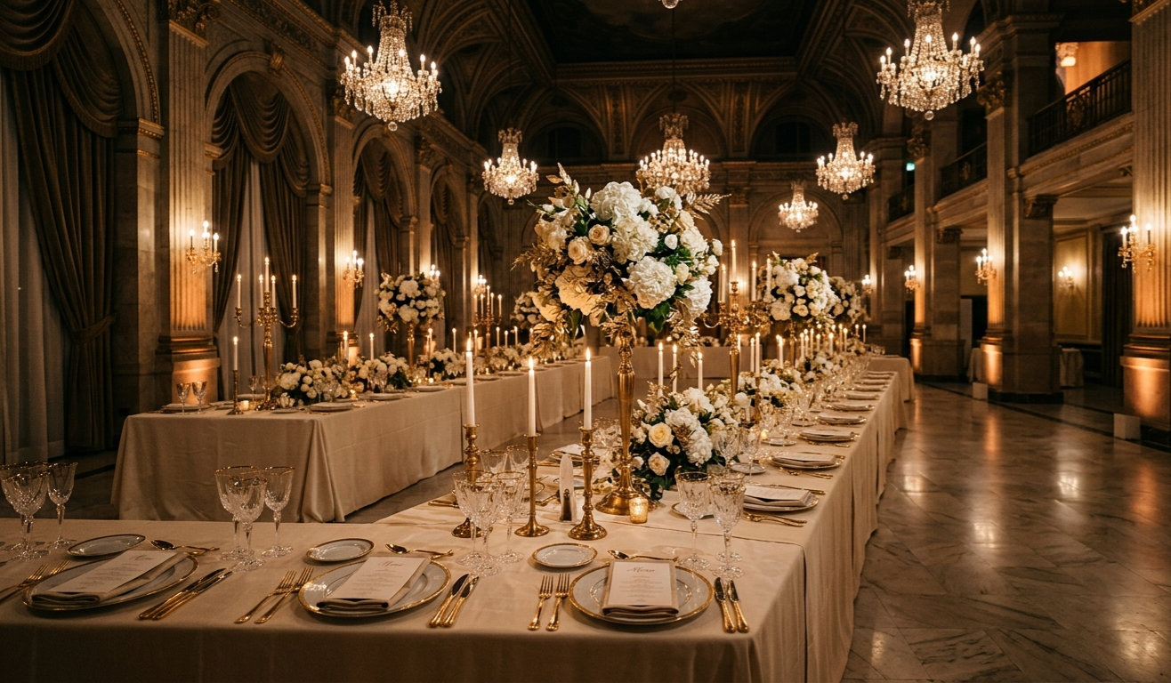 Elegante private Dinner-Experience mit goldenen Akzenten und Blumen.
