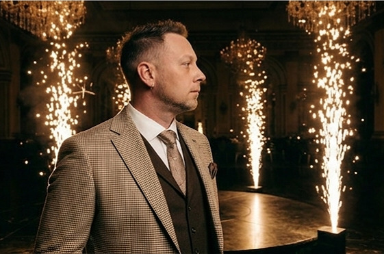 Die Kunst der persönlichen Exzellenz: Atmosphärisches Portrait vor funkelnden Lichteffekten bei einem exklusiven Event.