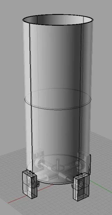 A 3D model of a cylindrical glass container with a rounded top and bottom, supported by a square base with four legs.
