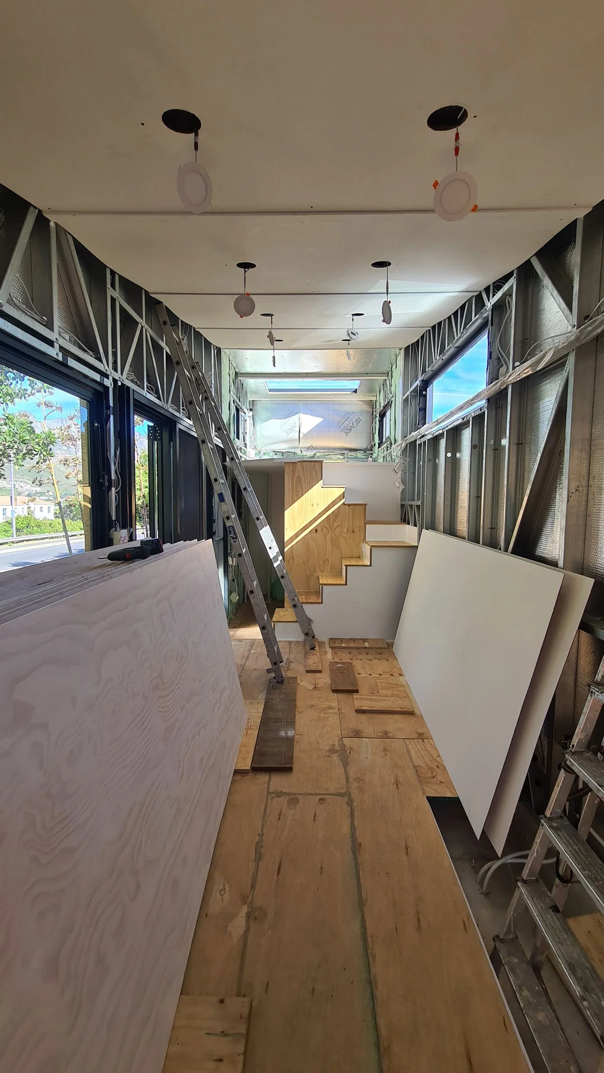 Pine plywood used throughout the tiny house, in various thicknesses to fashion the floors, mezzanine and staircase..