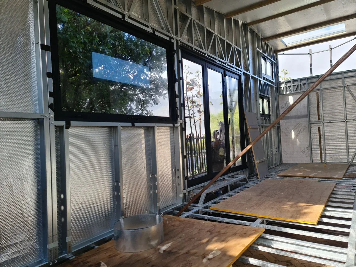 Pine OSB board forms the base of the fireproof insulation ofr the tiny house inside and the impermeable but breathable weather membrane outside.