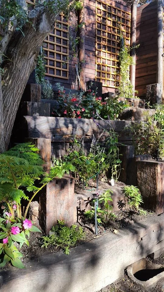 Solid railway sleepers arranged to form a terraced planter

Terraces of solid sleepers make for easy access to plants at the top
