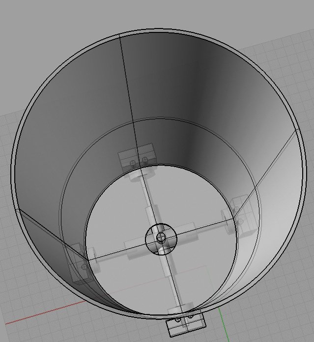 A 3D wireframe model of a cylindrical object, possibly a container or mechanical part, viewed from above showing internal features and mounting points.