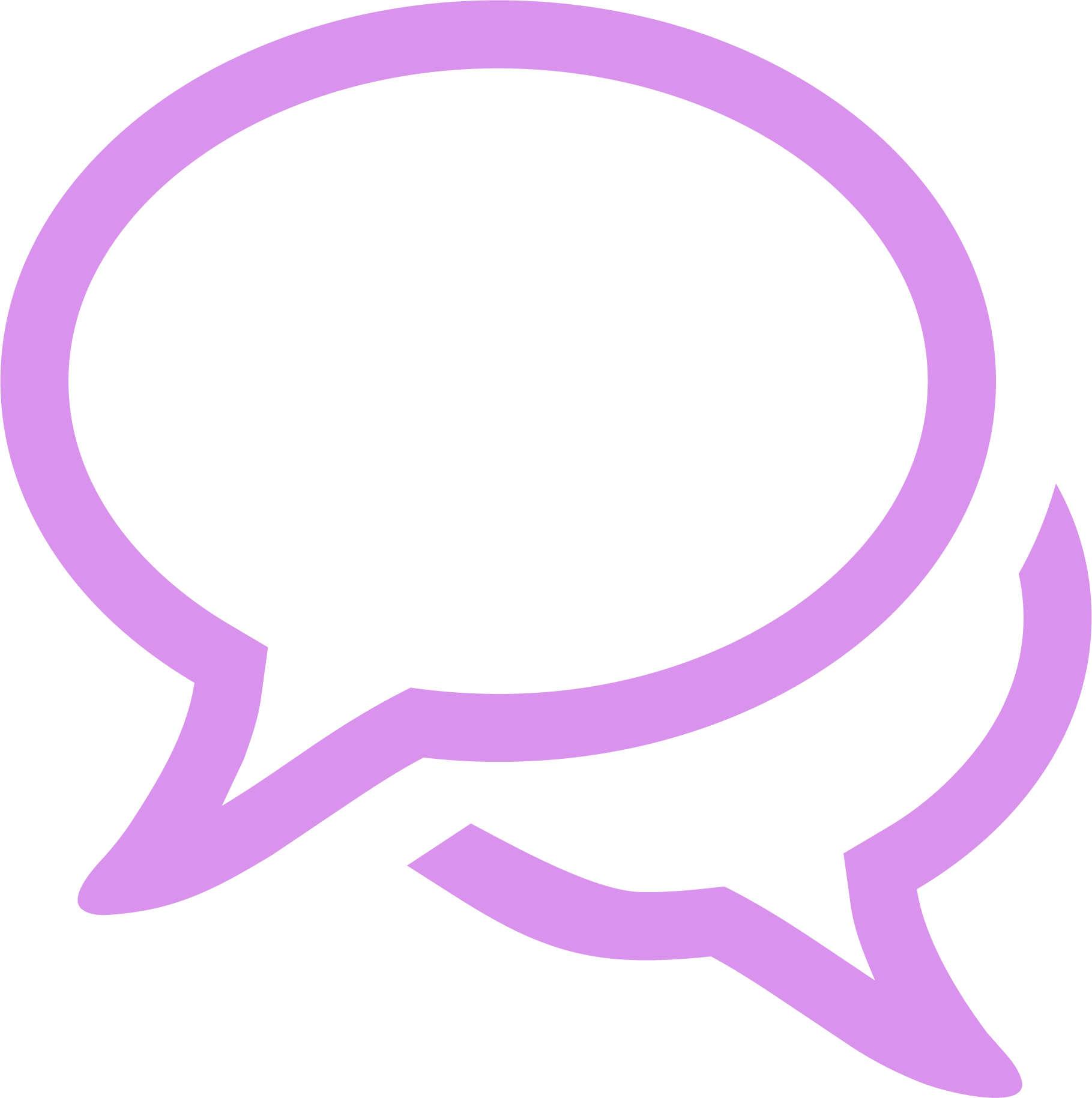 A large purple speech bubble icon with a stylized, rounded design.