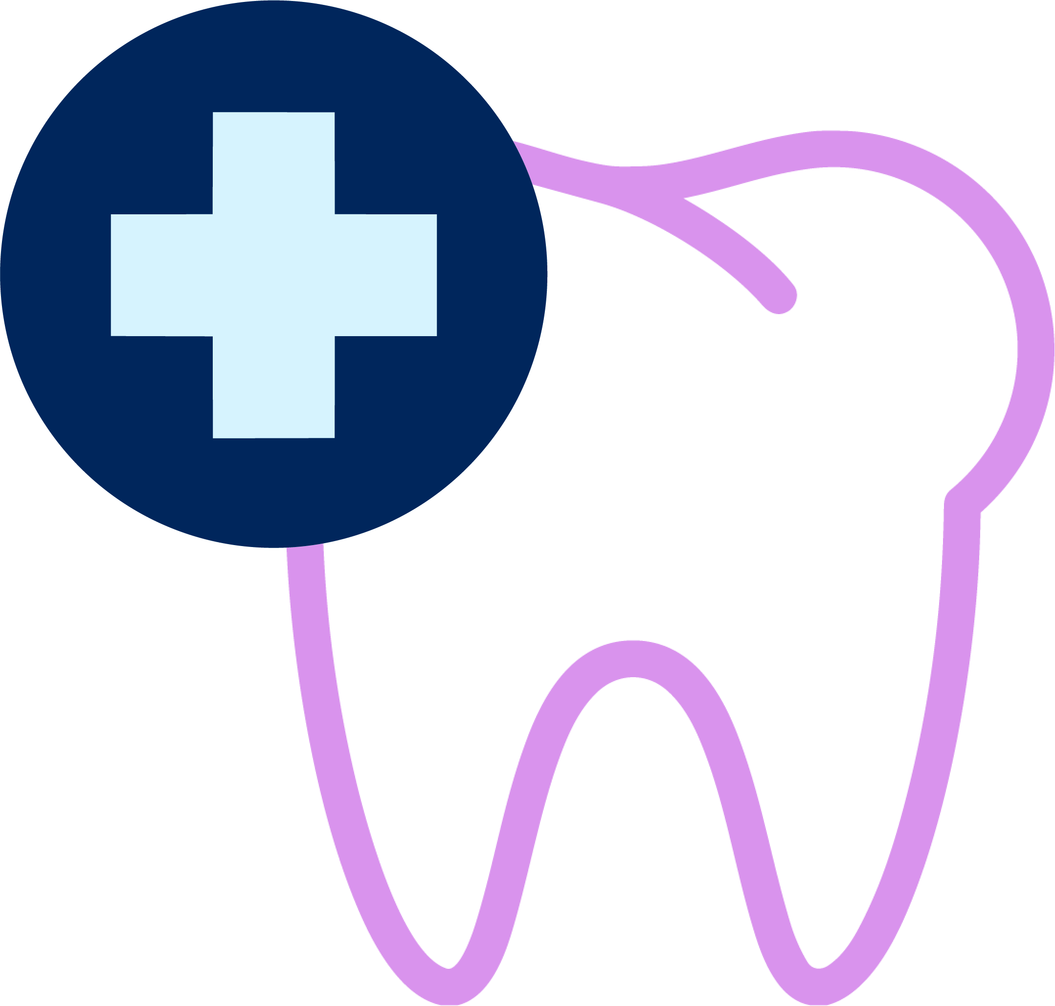 Illustration of a medical cross inside a blue circle connected by purple lines.
