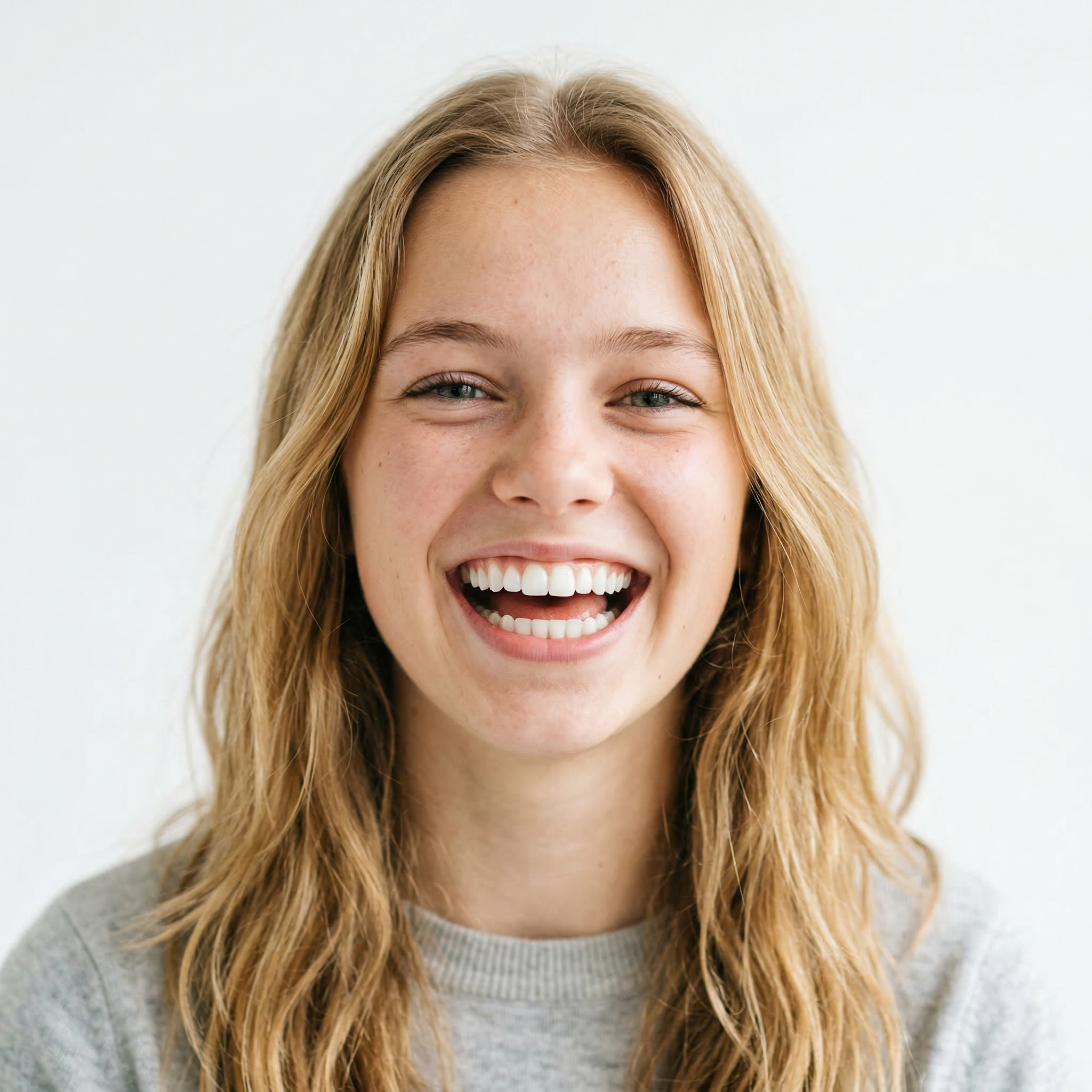 Close-up of a young woman with long blonde hair, blue eyes, and freckles, smiling happily against a plain white background.