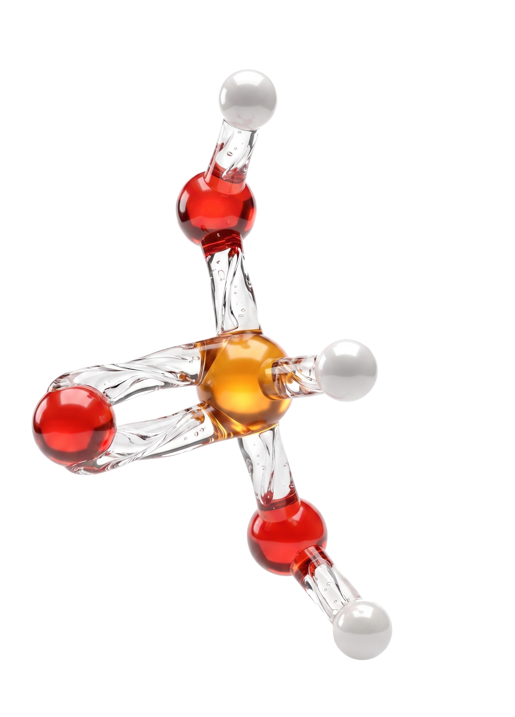 Chemical molecular structure model with colored spheres and connecting rods, including red, white, and orange spheres. Representing Phosphorous Acid, H3PO3