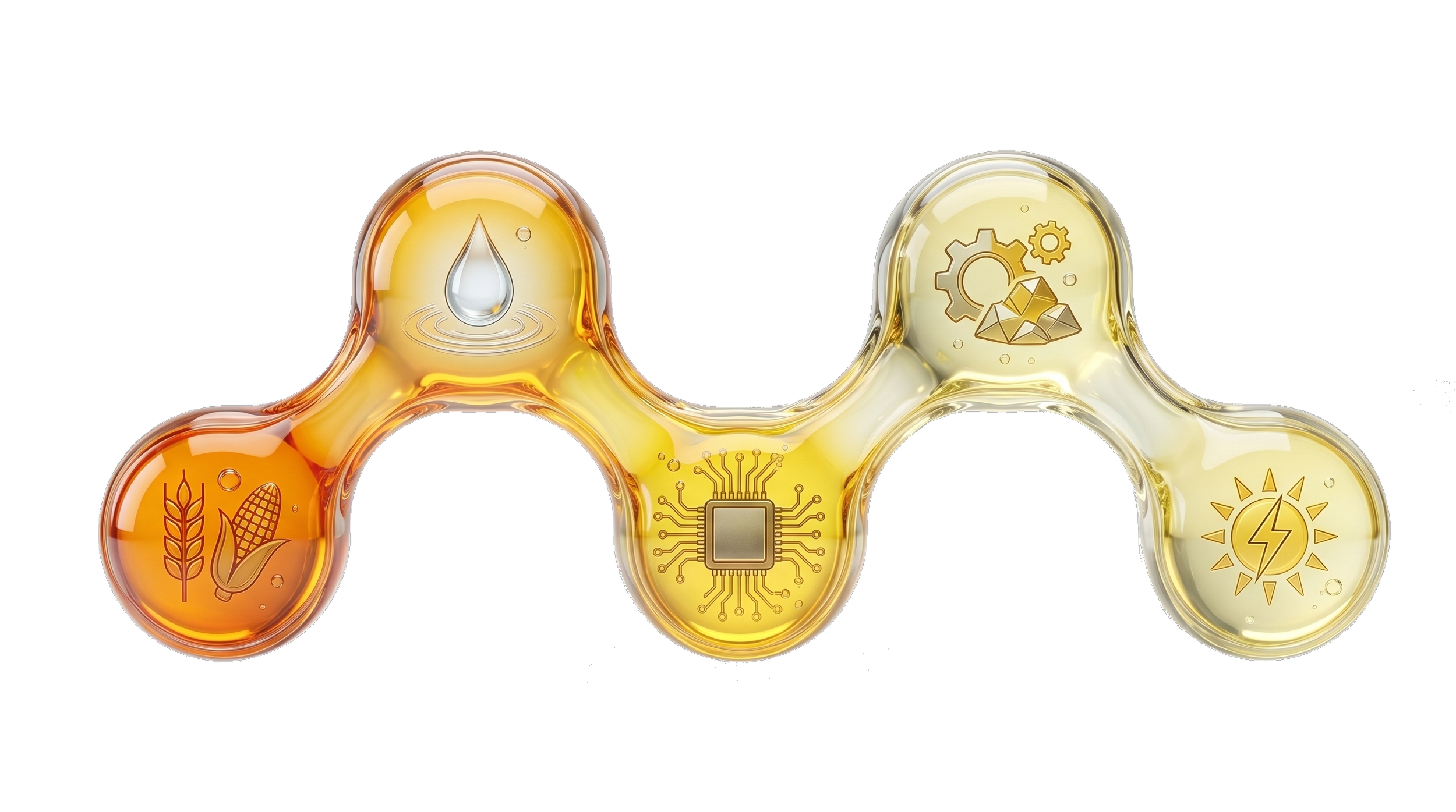 Series of interconnected drops with icons representing water conservation, technology, renewable energy, and sustainability.