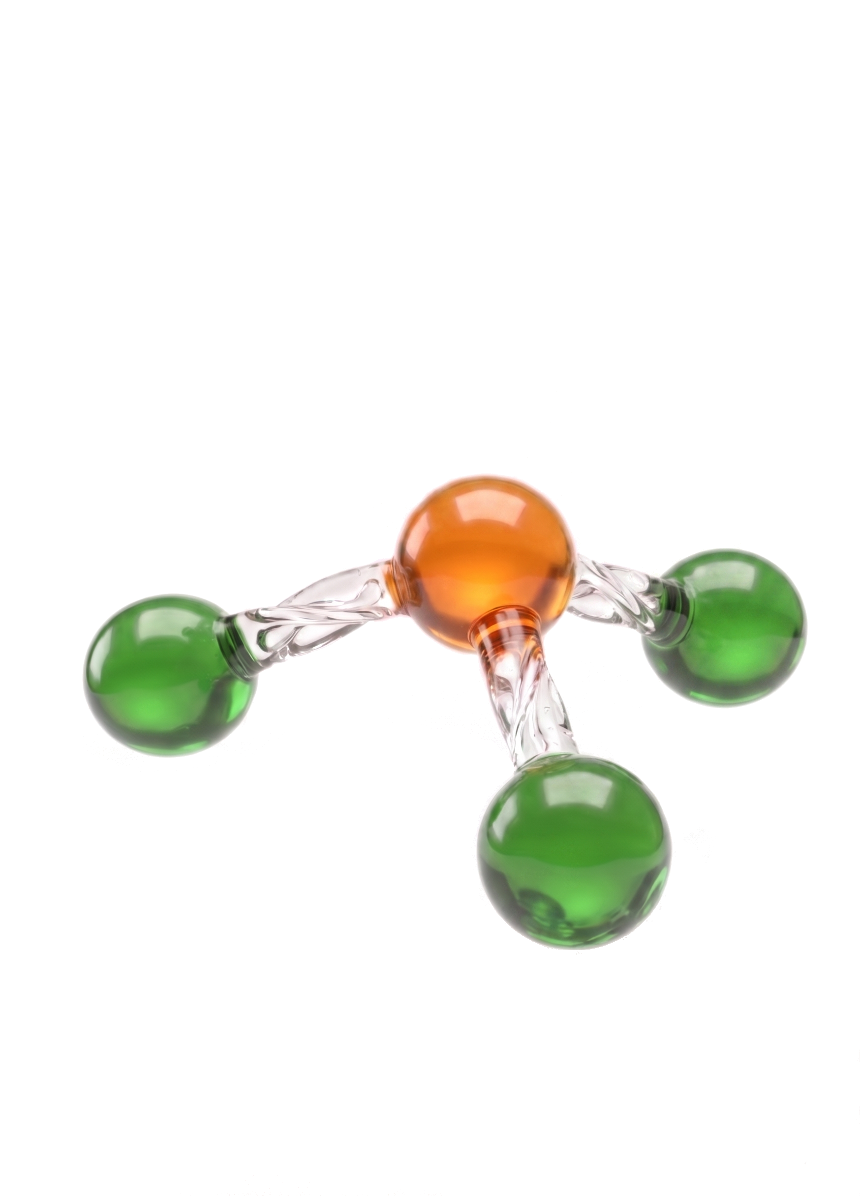 Molecular model of a chemical compound with green and orange spheres connected by transparent bonds on a black background. Representing Phosphorus Trichloride, PCl3