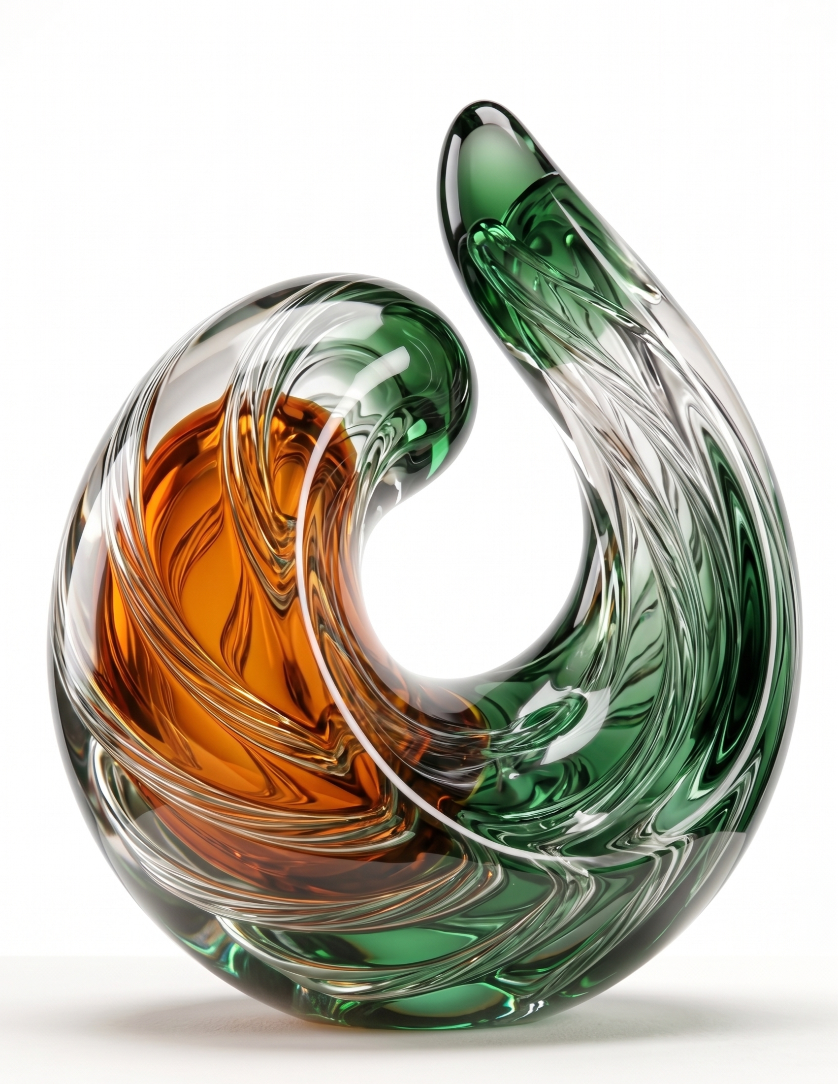 Colorful, twisted glass sculpture with orange, green, and clear sections on a white background.