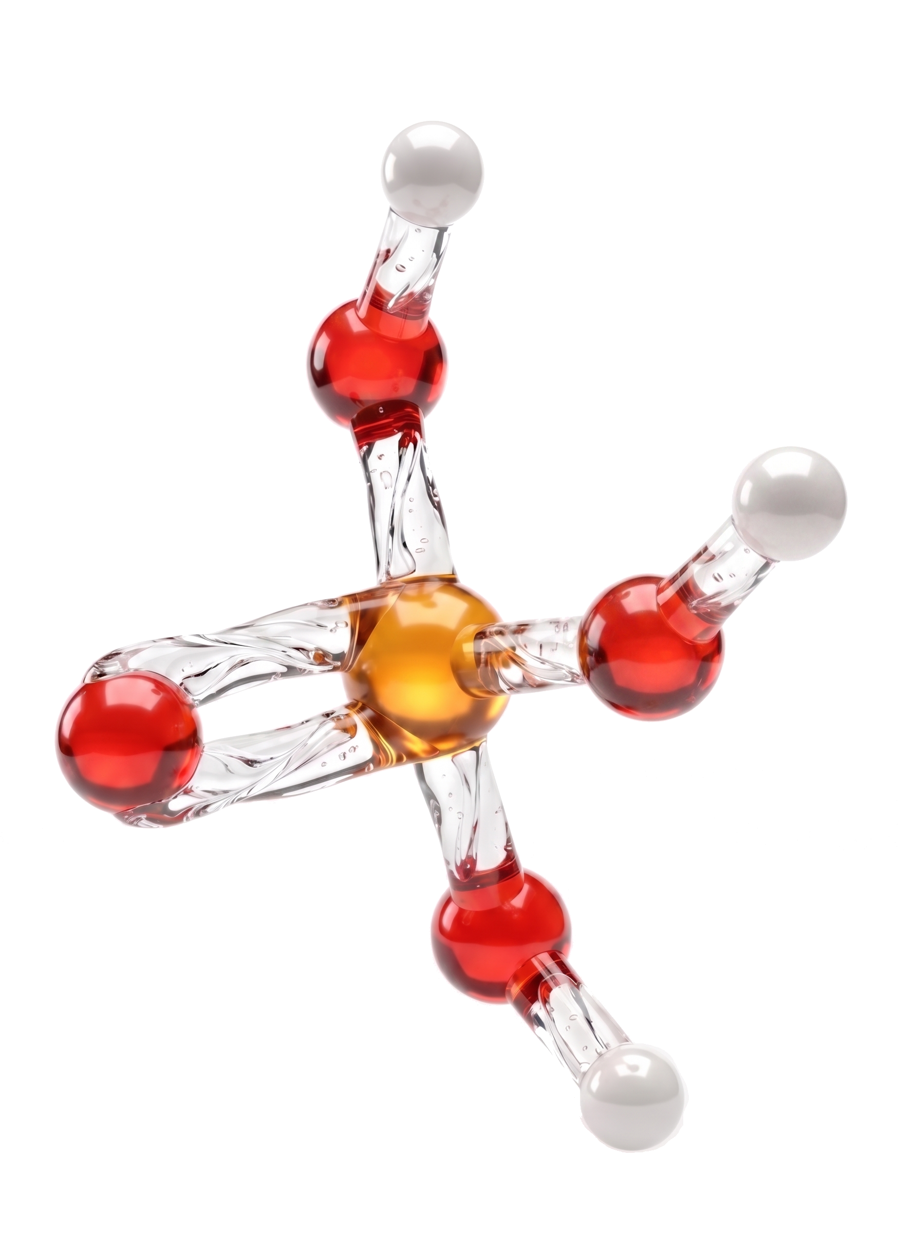 A 3D rendering of a molecular structure with transparent tubes and red, white, and yellow spheres representing atoms, set against a black background. Representing Phosphoric Acid, H3PO4