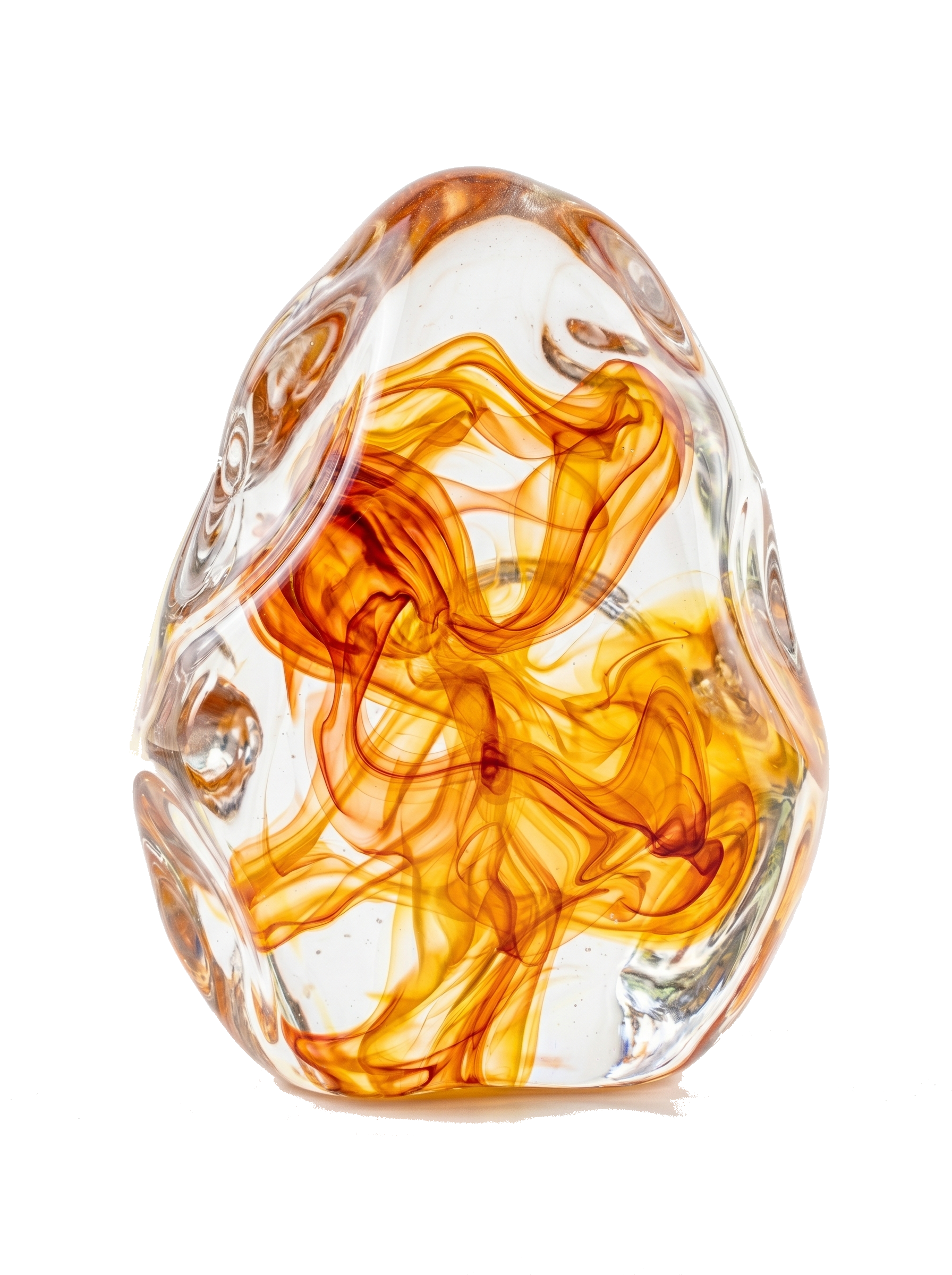 Colorful abstract glass art with swirls of orange, yellow, white, and brown inside a clear glass sculpture. Representing the mixing of phosphorus based chemistries