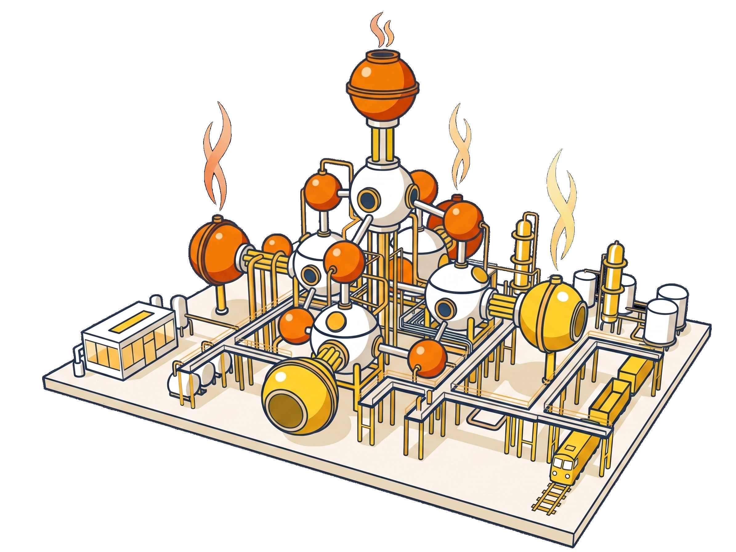An Illustration of a detailed industrial factory with pipes, tanks, and a yellow train on tracks at the bottom right, based on the chemical structure of P4O10, to represent a phosphorus park