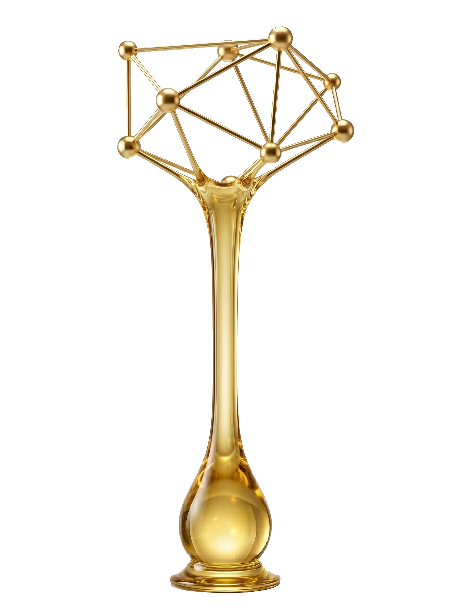 A chemical structure on top, featuring interconnected spheres and rods, and a rounded base. The chemical structure is based on P4O6 which then flows into a golden liquid drop, to represent the importance of phosphorus based chemistries